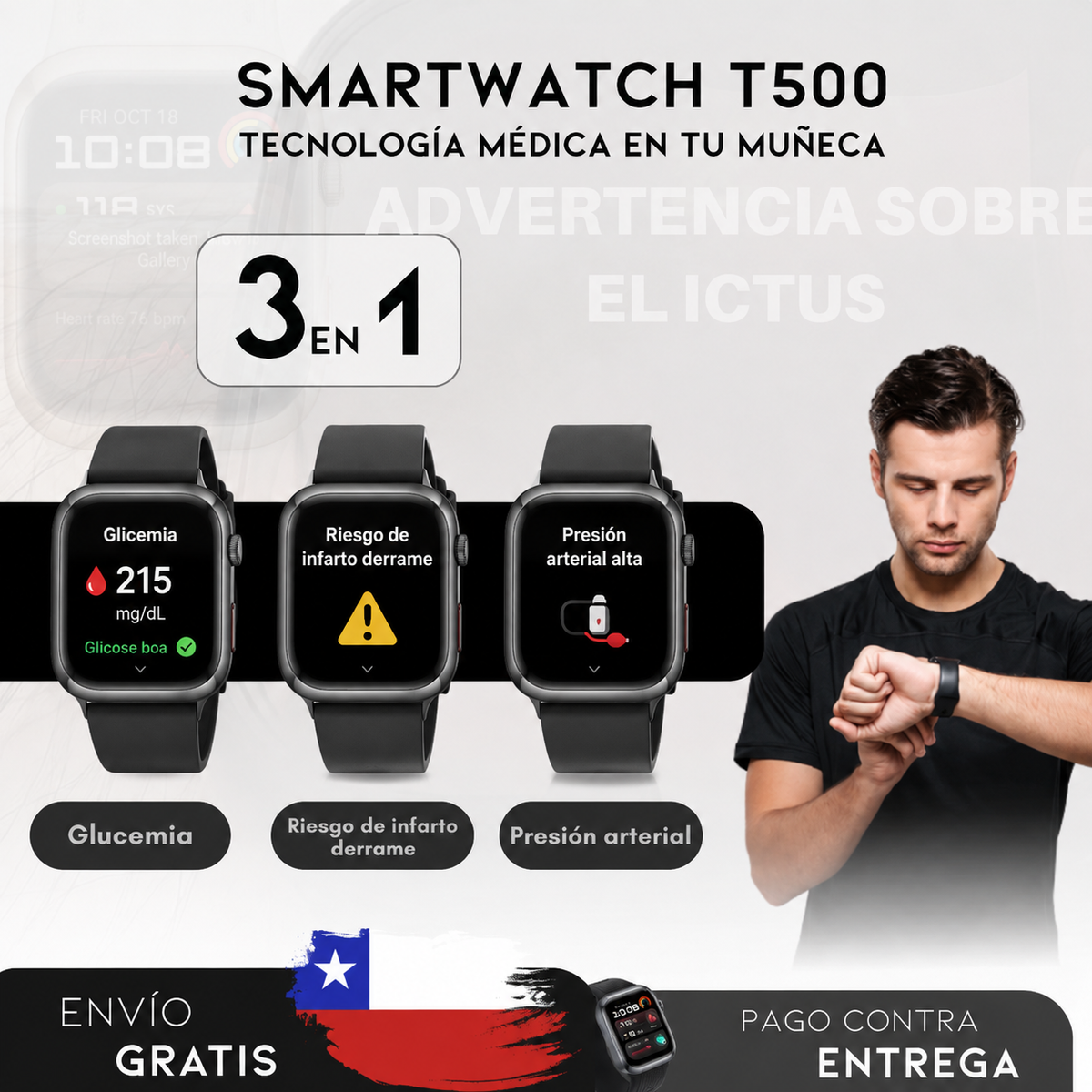 SmartWatch T500 – Monitor Médico 3 en 1 | Menú en español